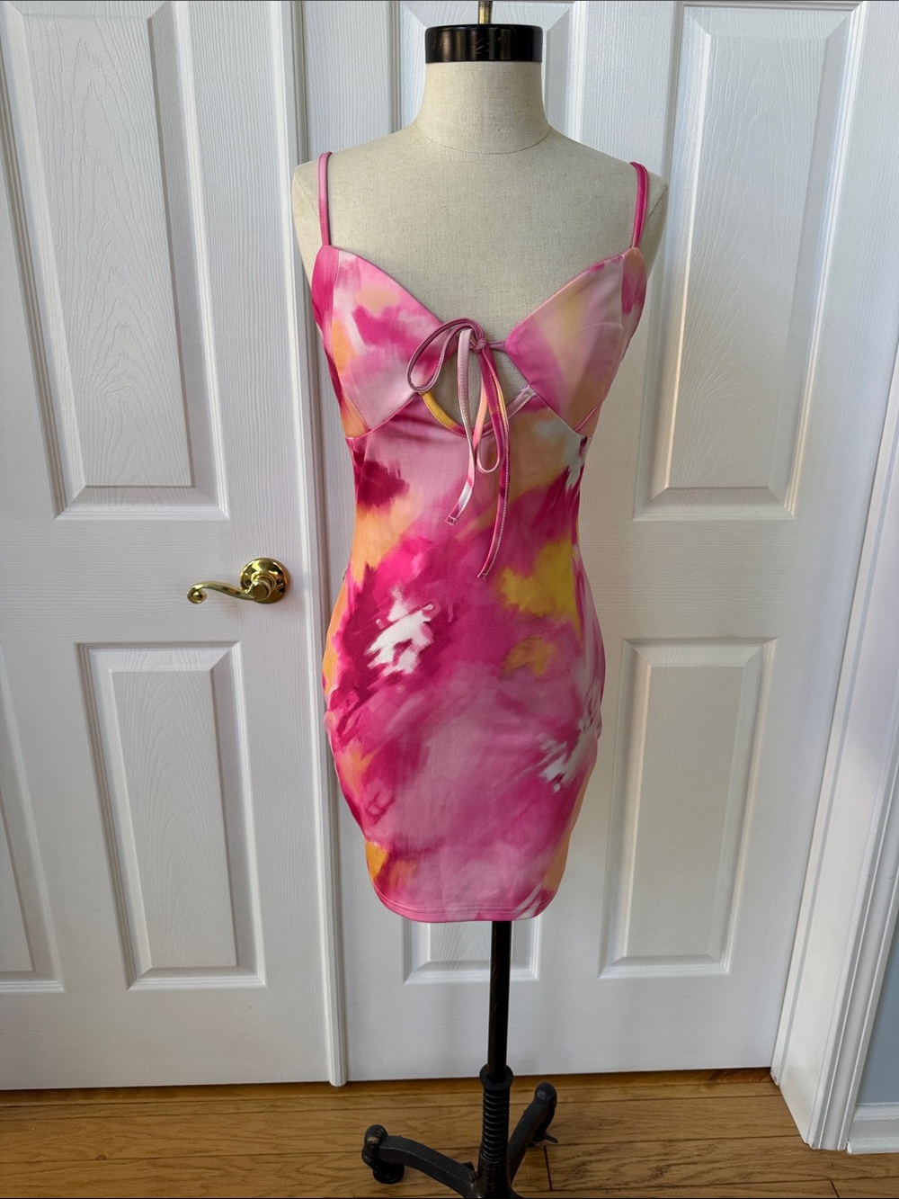 SHEIN Pink Yellow Tie-Front Mini Dress